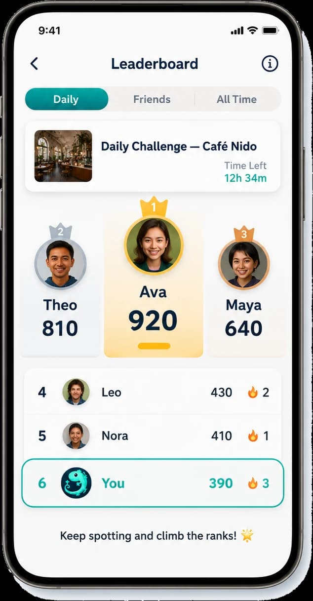 Teleport: Spot leaderboard screen showing the daily challenge podium