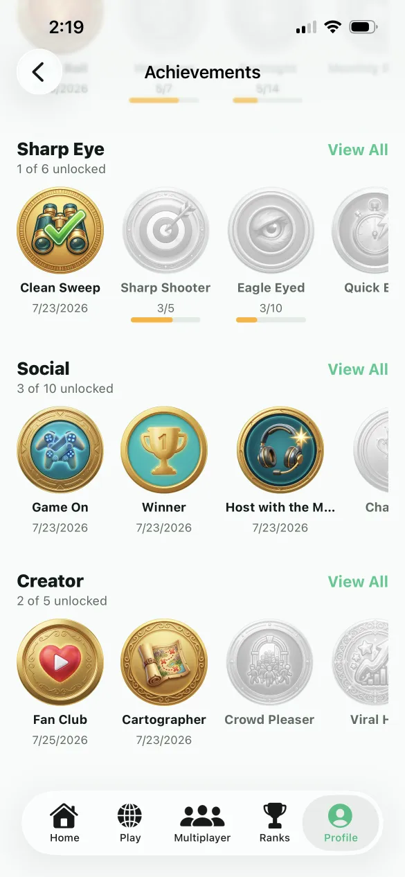 Achievements screen with unlocked badges: Clean Sweep, Game On, Winner, Host with the Most, Fan Club and Cartographer