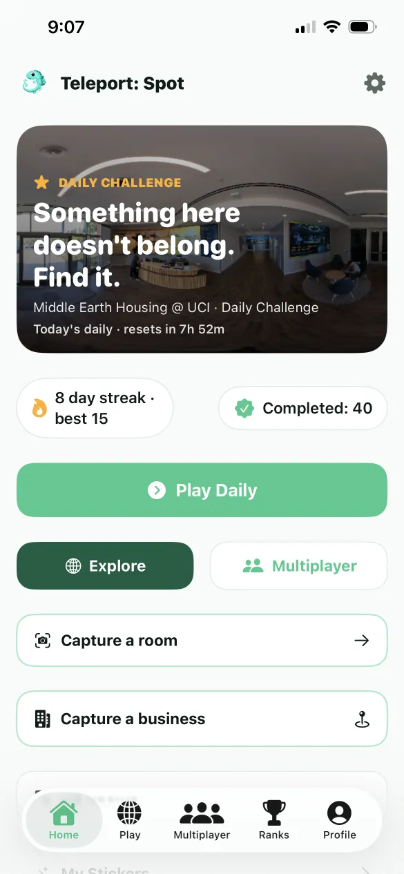 Home screen with today's daily challenge — Something here doesn't belong. Find it. — an 8 day streak and 40 rooms completed