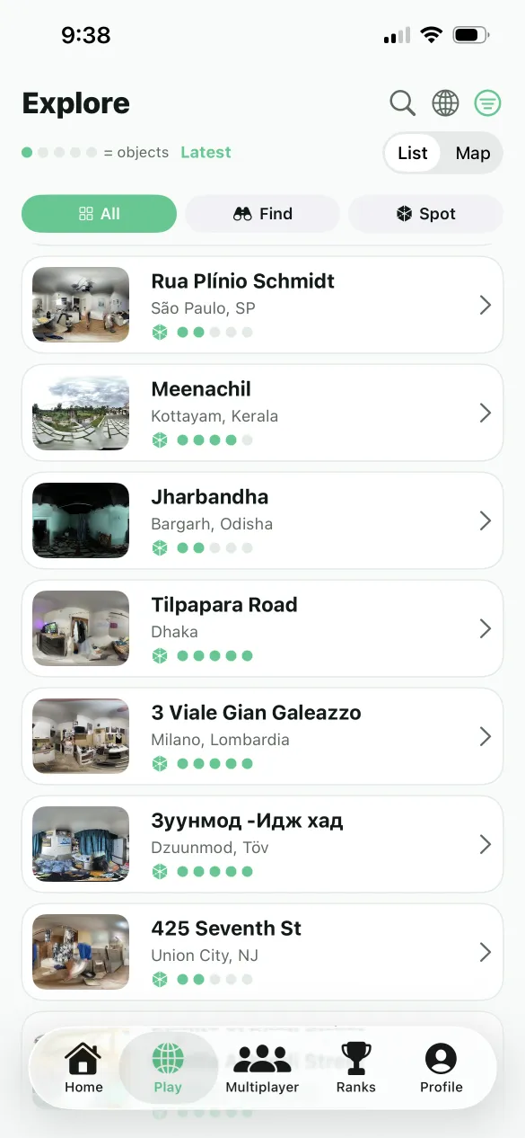The Explore list: real captured rooms in São Paulo, Kottayam, Bargarh, Dhaka, Milano, Dzuunmod and Union City, each showing how many objects are hidden