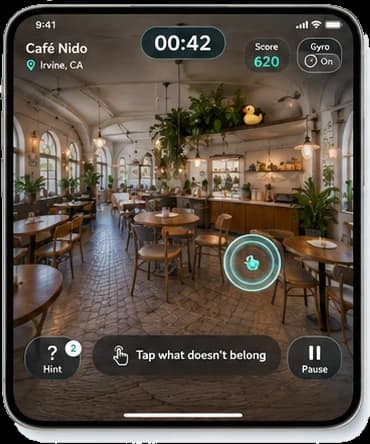 360° gameplay: looking around Café Nido with the timer running, tapping what doesn't belong