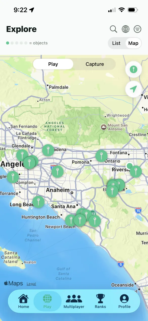 The Explore map: dozens of venue pins across Los Angeles and Orange County, with a Play and Capture toggle