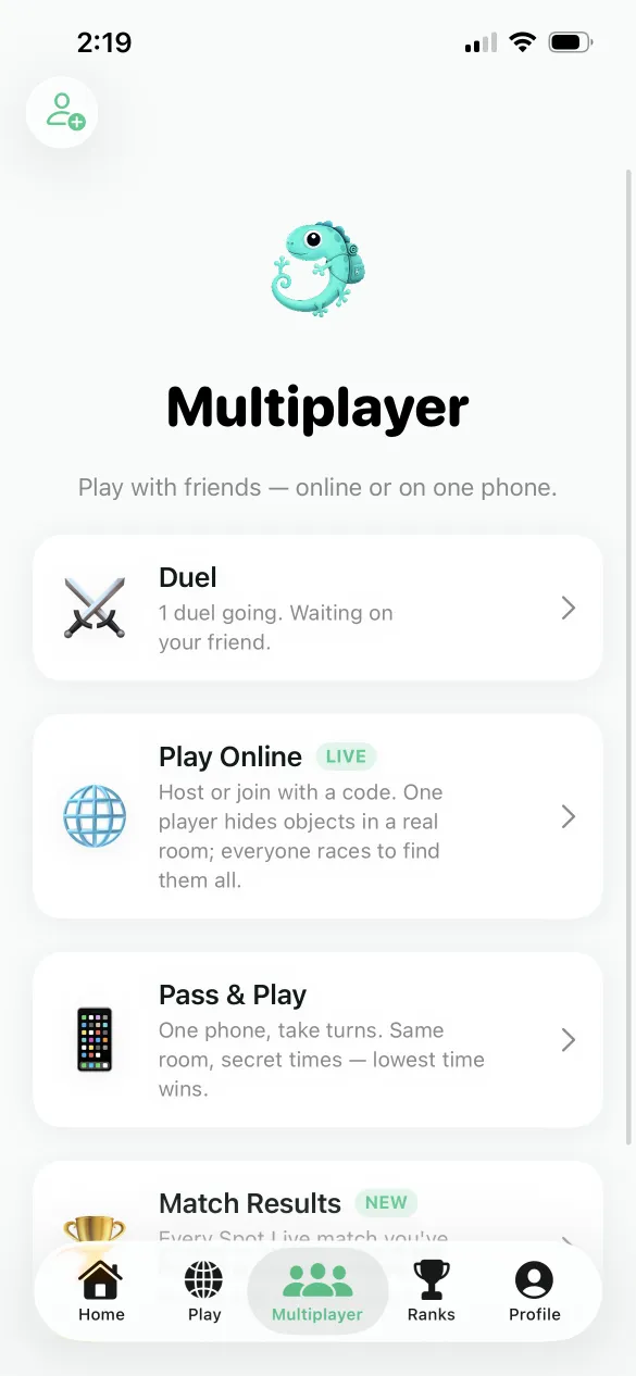 The Multiplayer tab: a duel waiting on your friend, Play Online hide-and-seek with a room code, and Pass and Play on one phone