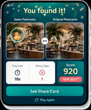 Reveal screen: You found it! Side-by-side game and original panoramas with the score